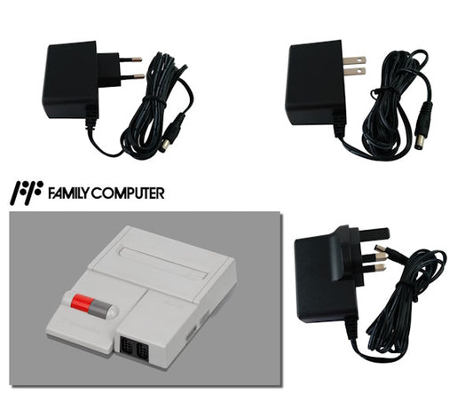 EU, US and UK plug regulated power supplies for Nintendo Famicom AV