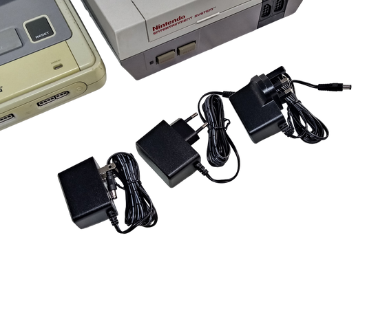 EU, US and UK plug regulated power supplies for Nintendo NES and SNES PAL