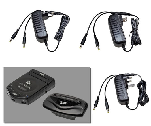 EU, US and UK plug regulated power supplies for Sega Multi-Mega/CDX + 32X