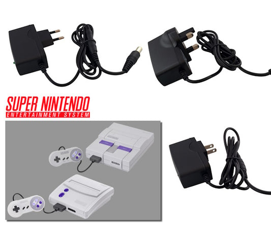 EU, US and UK plug regulated power supplies for Nintendo Super NES US (NTSC)